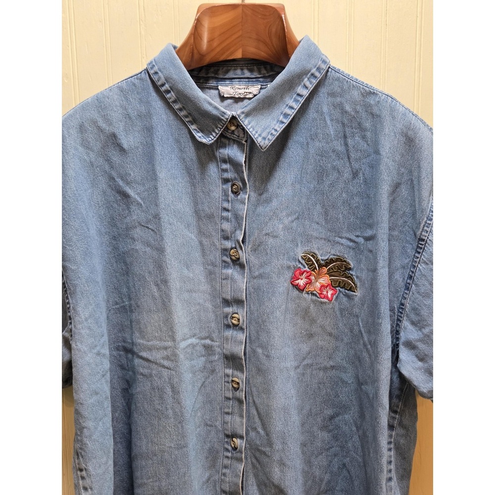 Keneth Too! Woman! Shirt Womens 2X Blue Denim Embroidered Floral Hawaiian Top